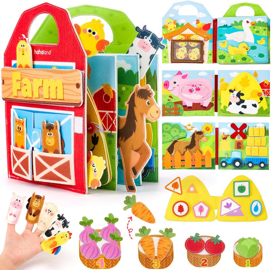 hahaland Busy Book for Toddlers 1-3 - Farm Animals Quiet Busy Board for 1 Year Old, Montessori Toys for 1 Year Old Boy Girl Gifts, Educational First Activity Books Felt Board Toddler Travel Toys