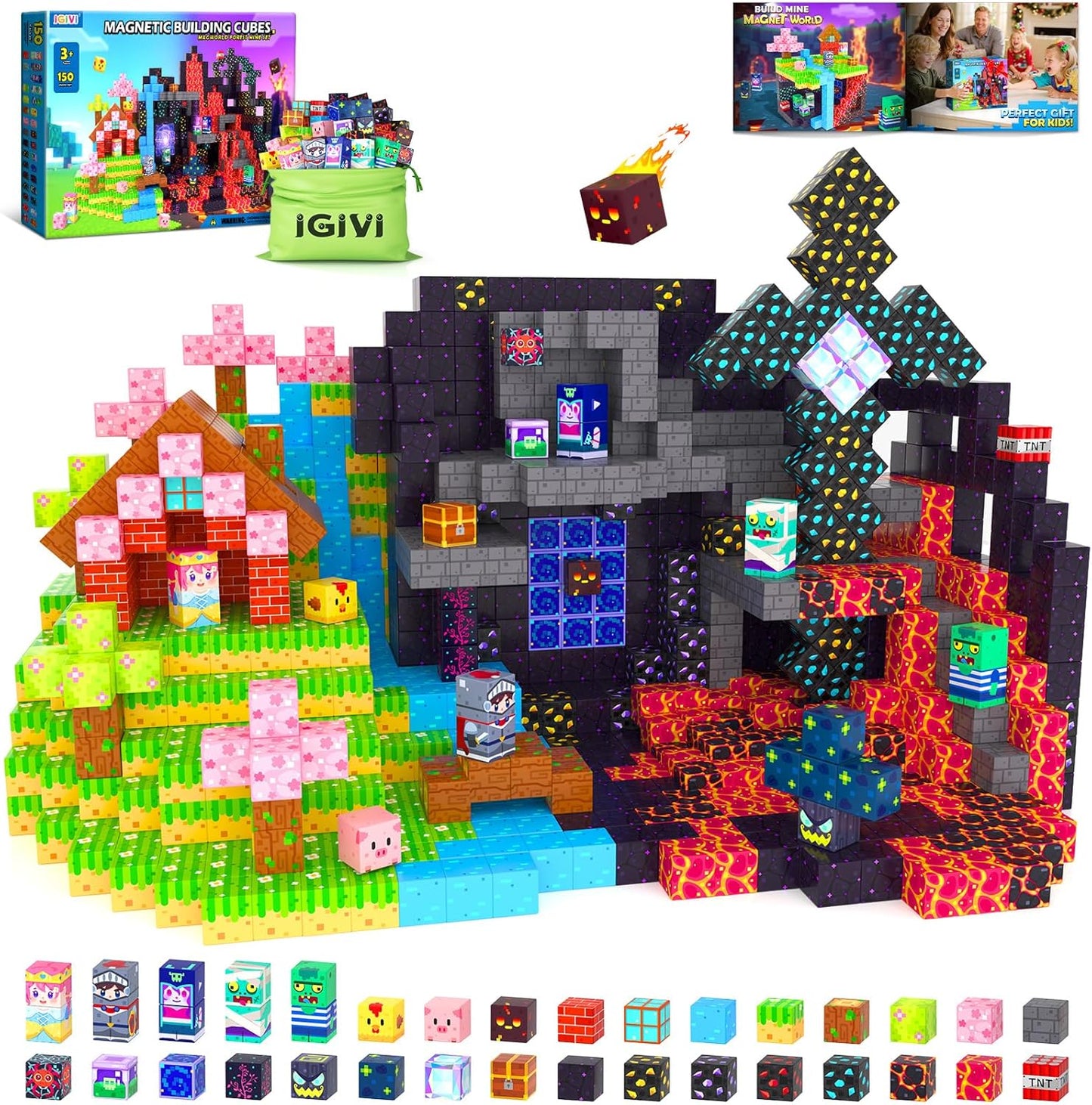 Magnetic Blocks - Build Mine 3D Magworld Forest Lava Set, STEM Magnetic Building Blocks for Kids Ages 4-6 6-8 8-12, Educational Sensory Toys for Toddlers, Birthday Gifts for 3+ Years Old Boys & Girls