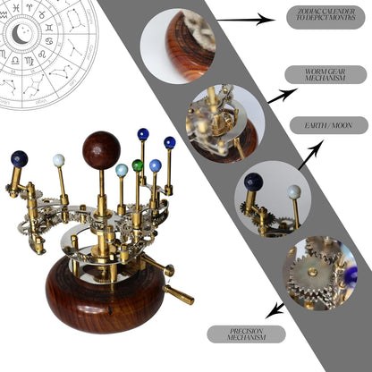 Luxury Vintage Brass Orrery – Exquisite Brass Planetary Gear Mechanism | Astronomical Desk Ornament | Solar System Model (8" Mercury, Venus, Earth, Mars, Uranus & Moons)