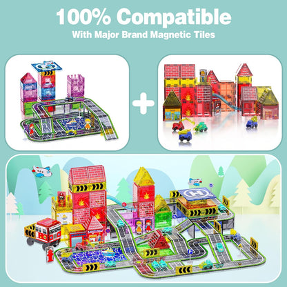 150PCS Magnetic Tiles Road Set with Marble Run, Preschool Magnet Tiles Included Magnetic Cars. STEM Magnetic Tiles for Kids, Preschool Educational Building Toys for Boys & Girls