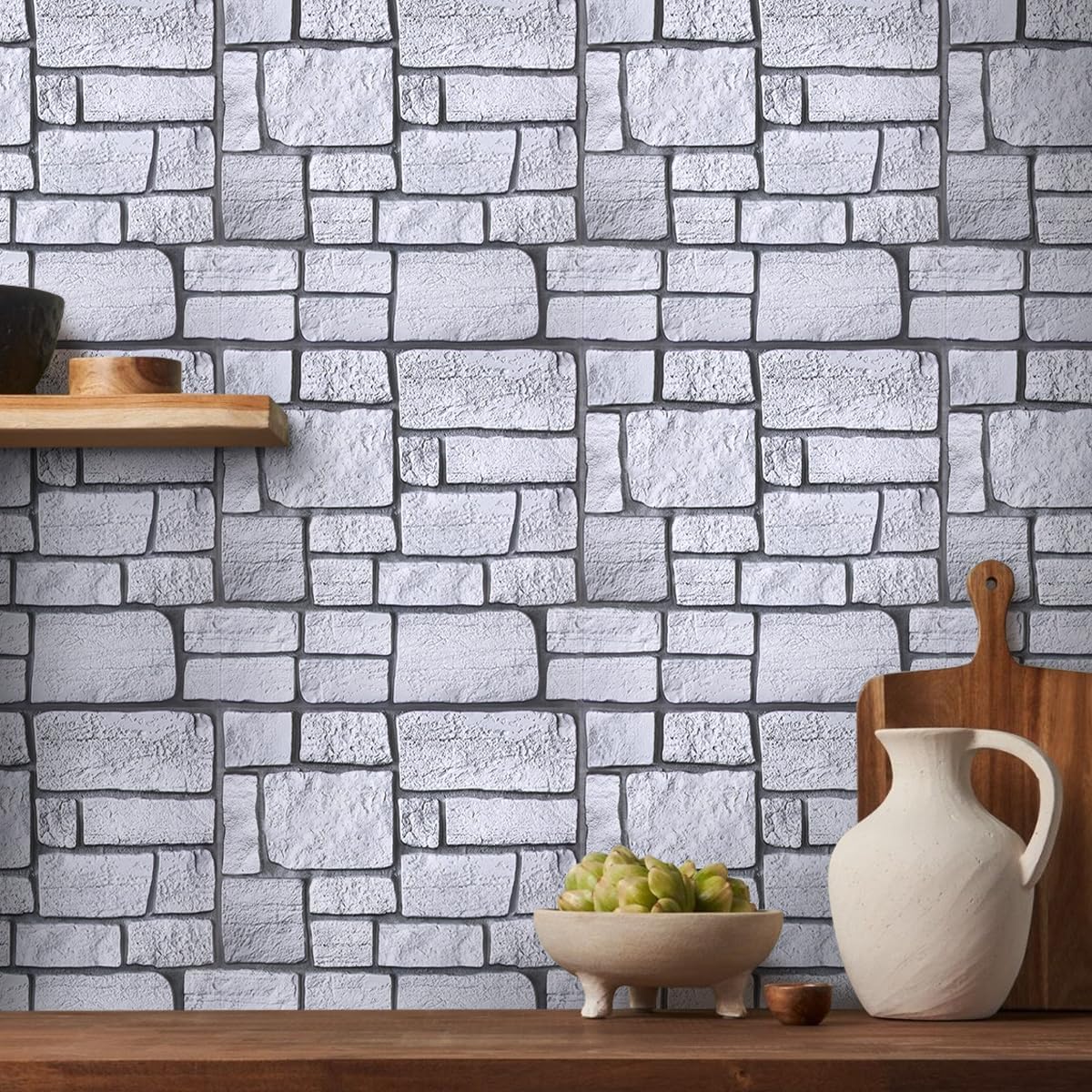 COMSTICKC 3D Faux Gray Stone Wall Sticker Peel and Stick Wall Panels,10 Pcs of 12"X12",Ultra-Light Thin PVC Decorative Tiles Rocks Stone Backsplash Interior Decor,Paintable