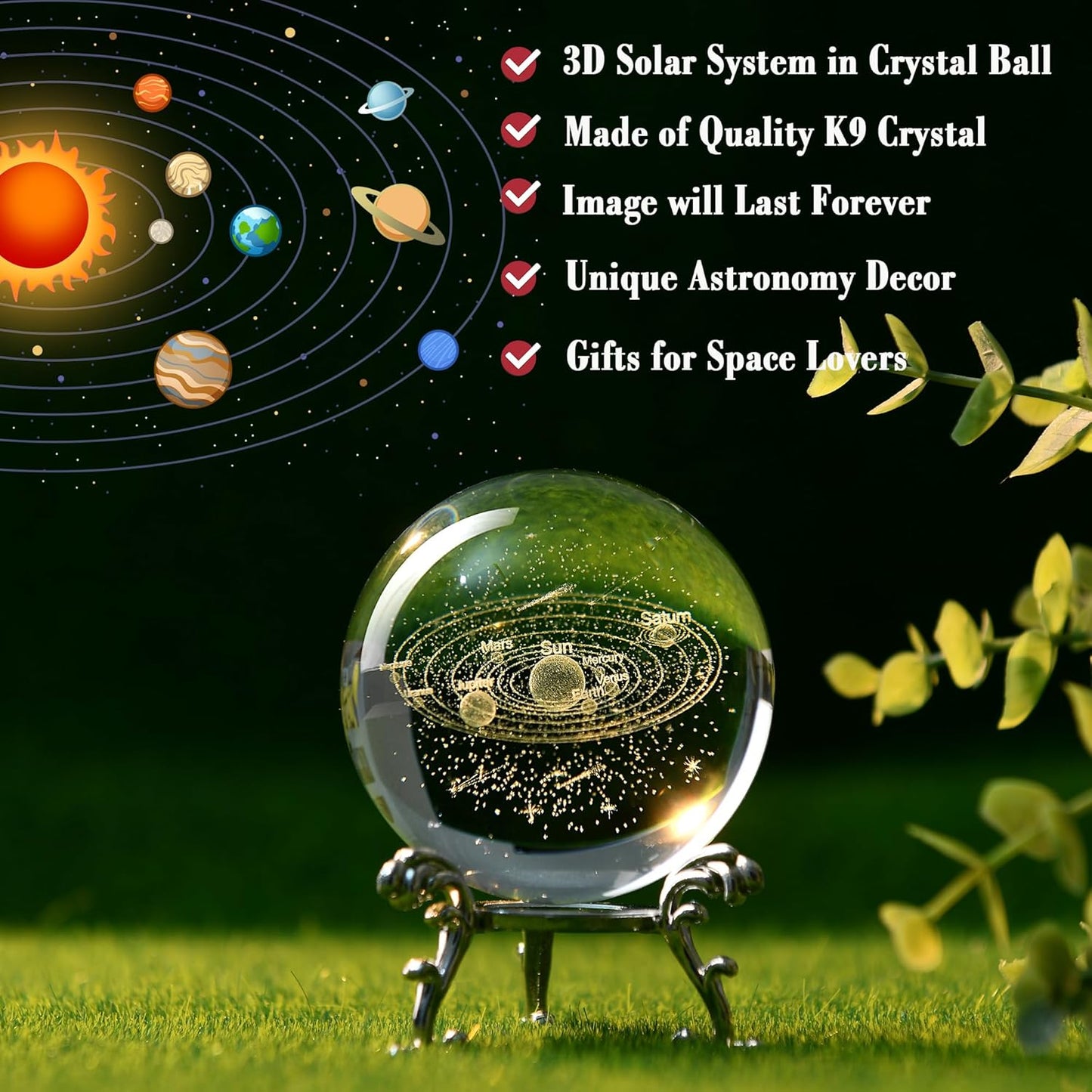 IFOLAINA 3D Solar System Crystal Ball 60mm Laser Engraved Glass Sphere Home Decor with Stand Solar System Planet Model Decor Space Universe Gifts for Astronomy Lovers