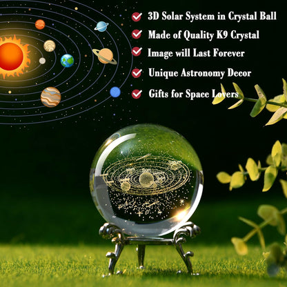 IFOLAINA 3D Solar System Crystal Ball 60mm Laser Engraved Glass Sphere Home Decor with Stand Solar System Planet Model Decor Space Universe Gifts for Astronomy Lovers