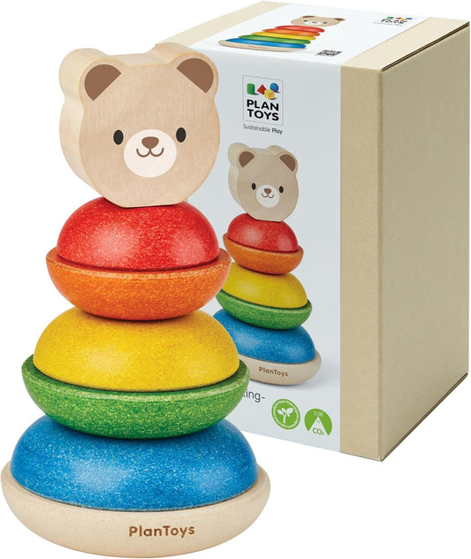 PlanToys® Bear Stacking Ring Wooden Montessori Fine Motor and Early Learning Toy | Size Sequencing, Colour Sorting and Coordination Activity | Eco Friendly Educational Toy for Toddlers