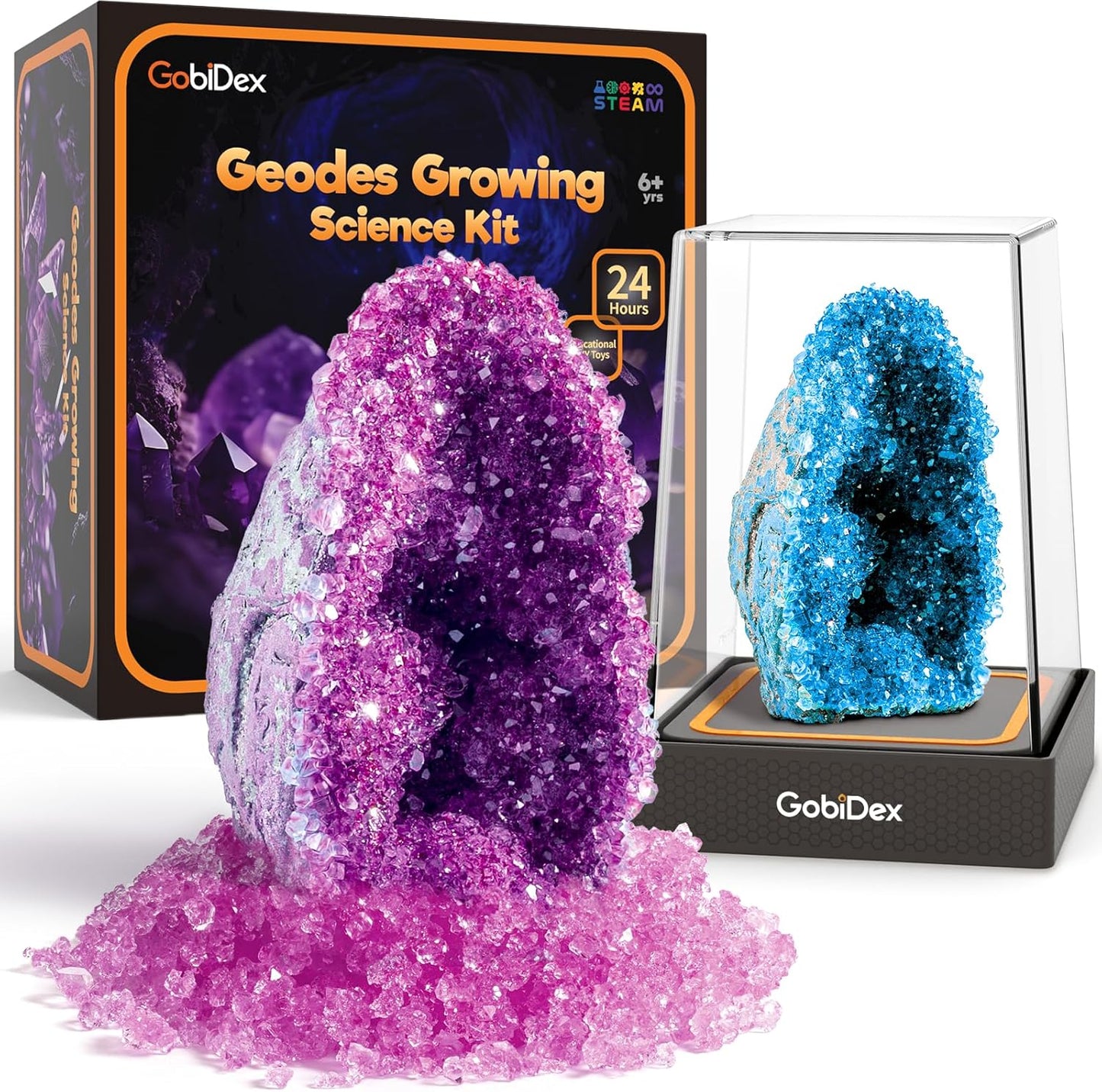 GobiDex Geodes Crystal Growing Kit for Kids, 24-Hour Fast Crystal Growth, Science Experiments Kit with Display Cases - DIY STEM Toys, Educational Gifts for Boys&Girls Ages 8-12,Geology Rock Collection