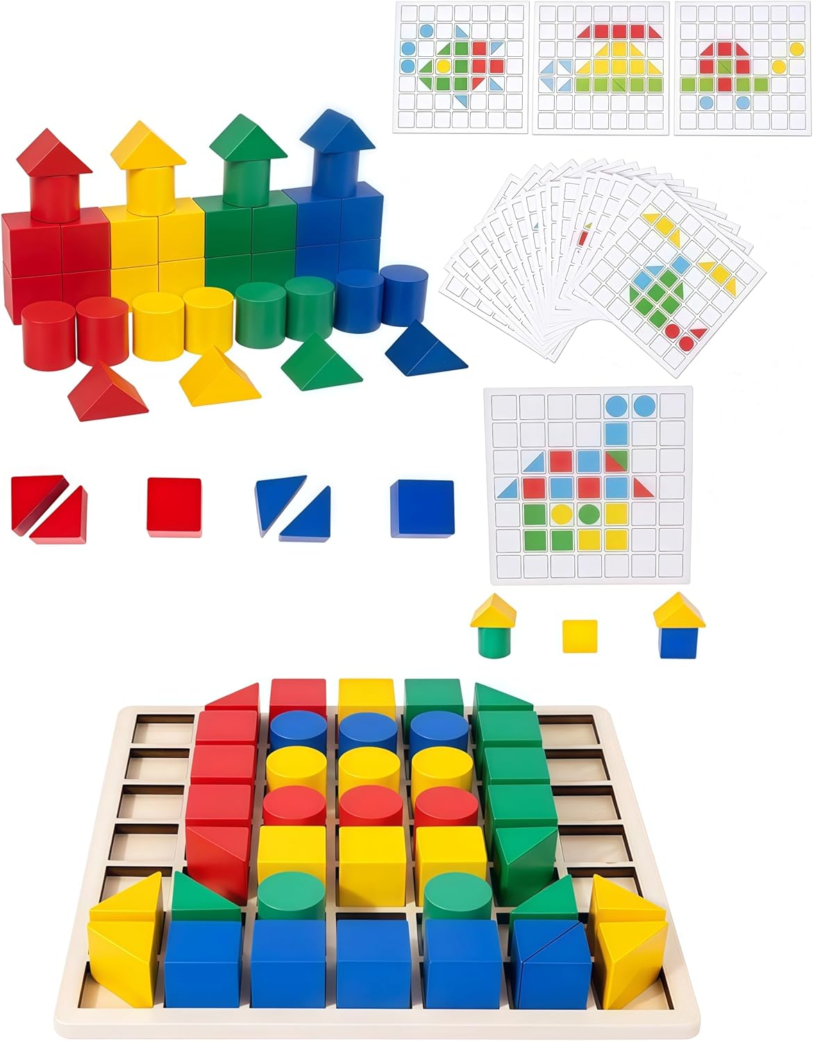 Montessori Toys – Brain Blocks & Tangram Puzzles for Kids Ages 4-8, Learning Resources with Pattern Blocks, Safe Wooden Educational Toy for Toddlers