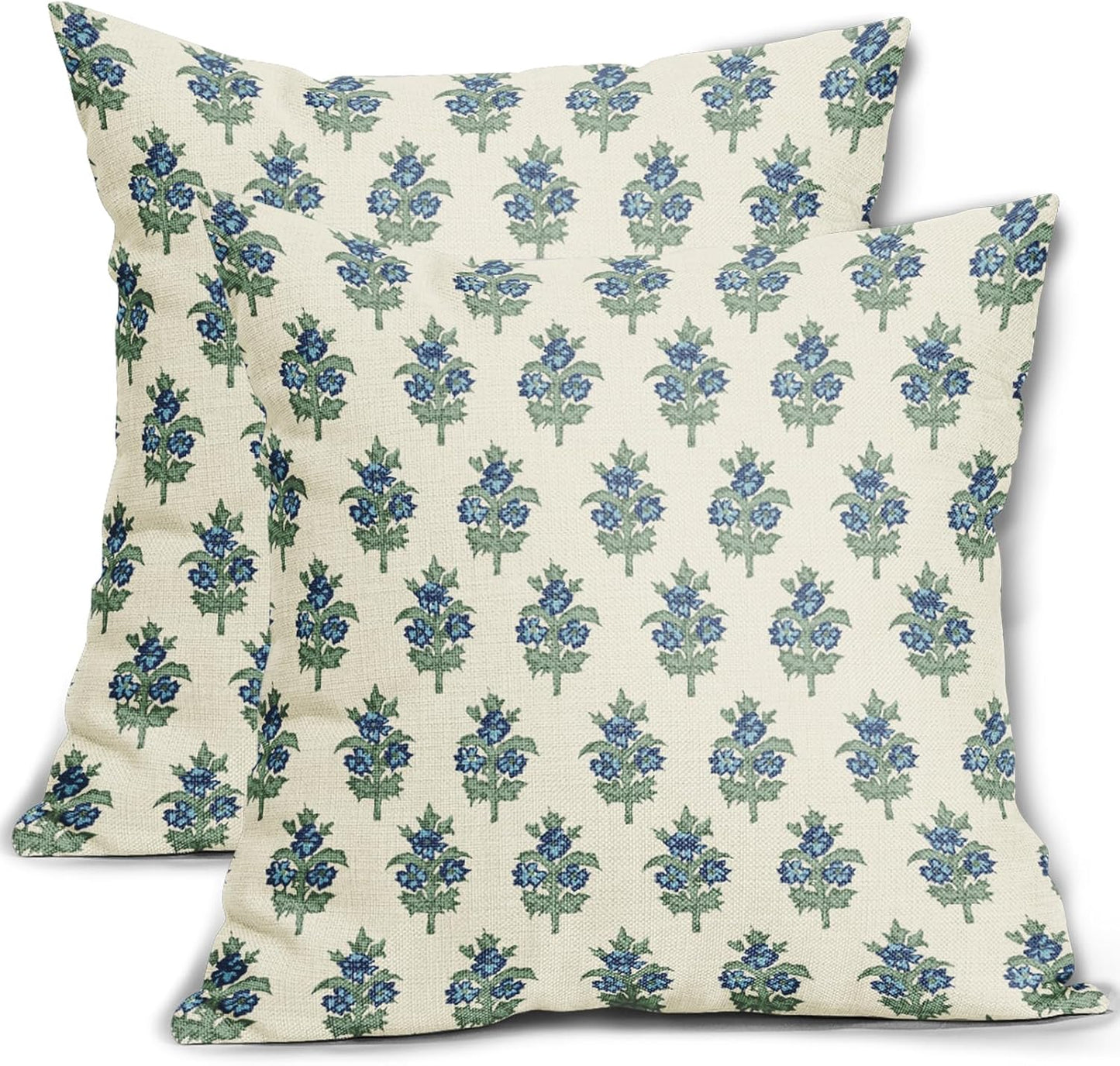 Sage Green Blue Floral Block Print Pillow Covers 18x18 Set of 2 Spring Flower Pattern Decorative Throw Pillowcases Outdoor Rustic Farmhouse Square Cushion Cases Decor for Home Couch Sofa Bed