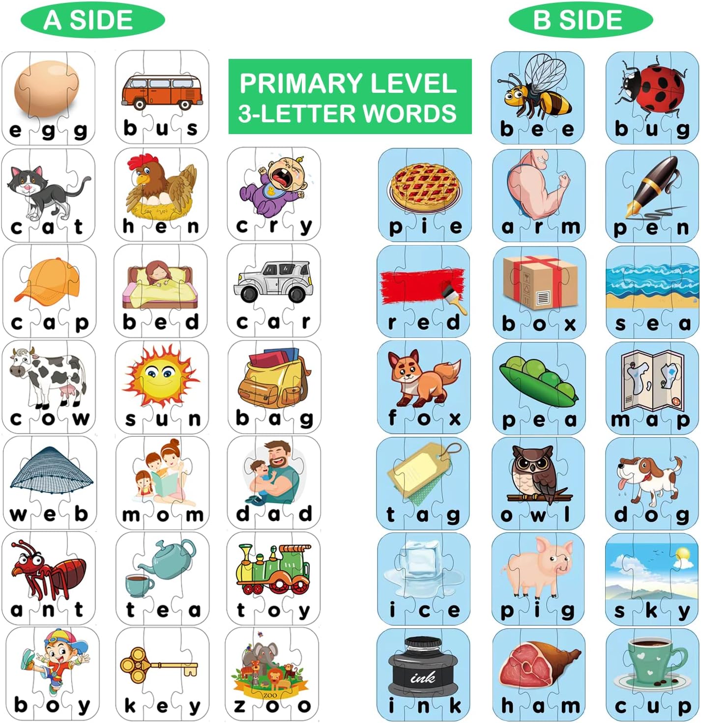 80 Words Self-Correcting Spelling Puzzles, Double-Sided Three and Four Letter Words with Matching Images, Perfect for Kids Age 3+ Year Old