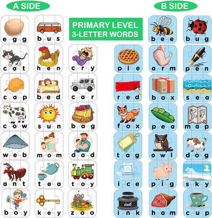 80 Words Self-Correcting Spelling Puzzles, Double-Sided Three and Four Letter Words with Matching Images, Perfect for Kids Age 3+ Year Old