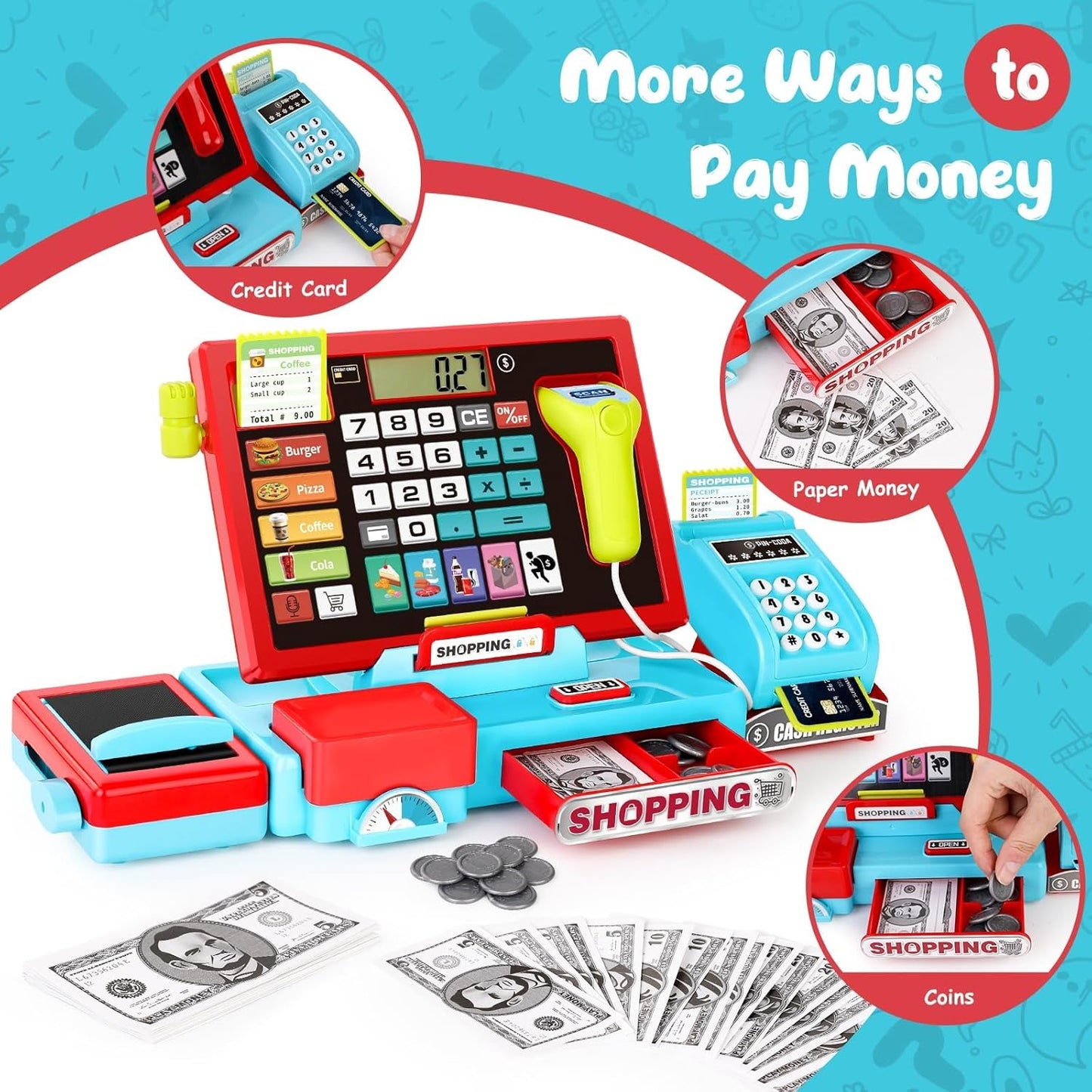 Kids Cash Register Toy Playset, Toddler Prentend Play Store with Real Calculator Cash Register with Scanner/Credit Card/Play Money/Food, Learning Toys for Boys Girls Toddlers(Pink)