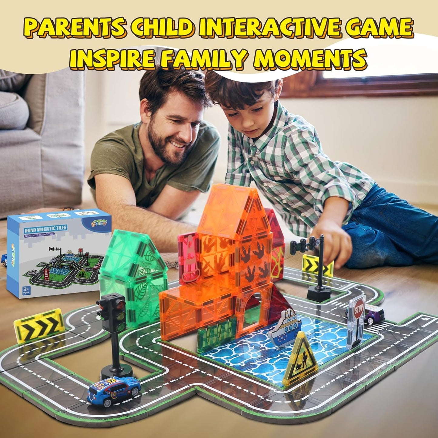 150PCS Magnetic Tiles Road Set with Marble Run, Preschool Magnet Tiles Included Magnetic Cars. STEM Magnetic Tiles for Kids, Preschool Educational Building Toys for Boys & Girls