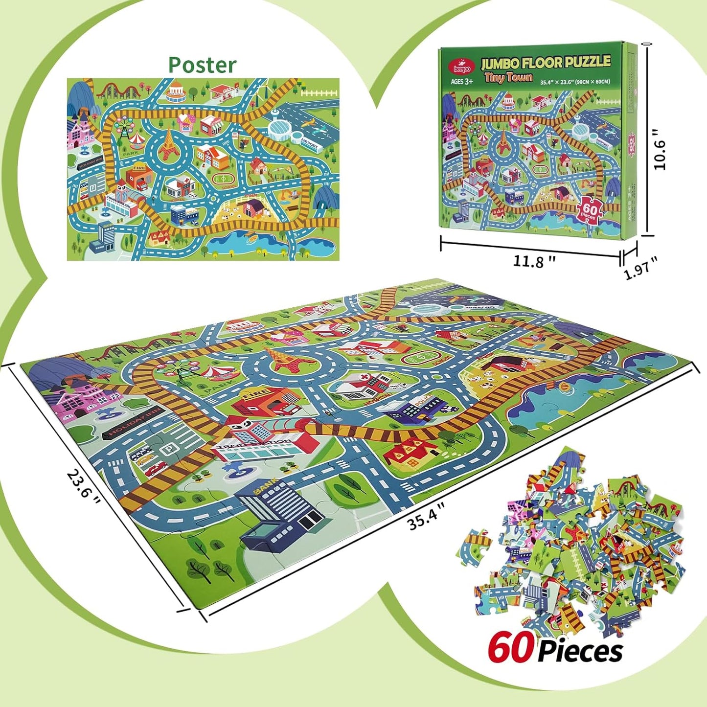 Jumbo Floor Puzzle for Kids Ages 3-5, Giant City Race Tracks Jigsaw Puzzles for Toddler 2-4 (60pcs 35.4x23.4 Inch Extra-Thick Cardboard), Educational Preschool Toy for 4-6 Year Old