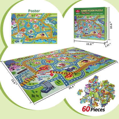 Jumbo Floor Puzzle for Kids Ages 3-5, Giant City Race Tracks Jigsaw Puzzles for Toddler 2-4 (60pcs 35.4x23.4 Inch Extra-Thick Cardboard), Educational Preschool Toy for 4-6 Year Old