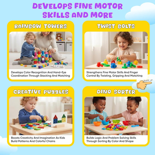 8-in-1 Busy Hands Fine Motor Skills Toys Kit for Toddler, Montessori Toys Set for 3+ Years Old, Learning & Education Toys, Color Shape Sorter, Stacking Toys, STEM, Wooden Toys