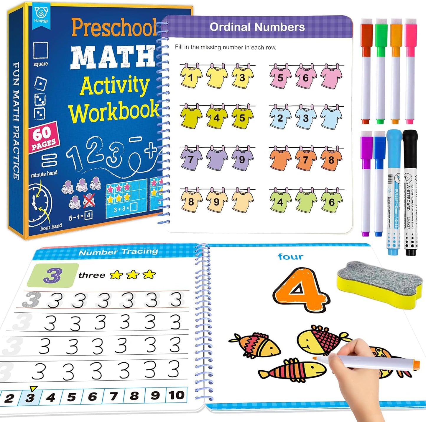 Preschool Learning Activities 60 Reusable Pages, Tracing Letter Number Handwriting Practice Book for Kids, Montessori Autism Educational Fine Motor Toddler Learning Toys for 3 4 5 Year Olds