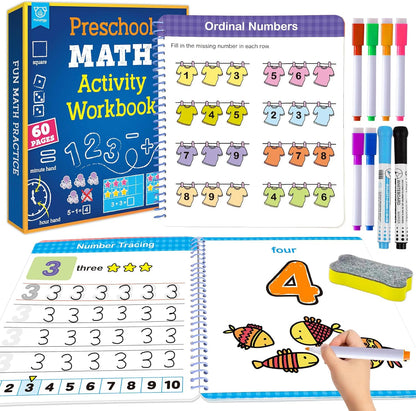 Preschool Learning Activities 60 Reusable Pages, Tracing Letter Number Handwriting Practice Book for Kids, Montessori Autism Educational Fine Motor Toddler Learning Toys for 3 4 5 Year Olds