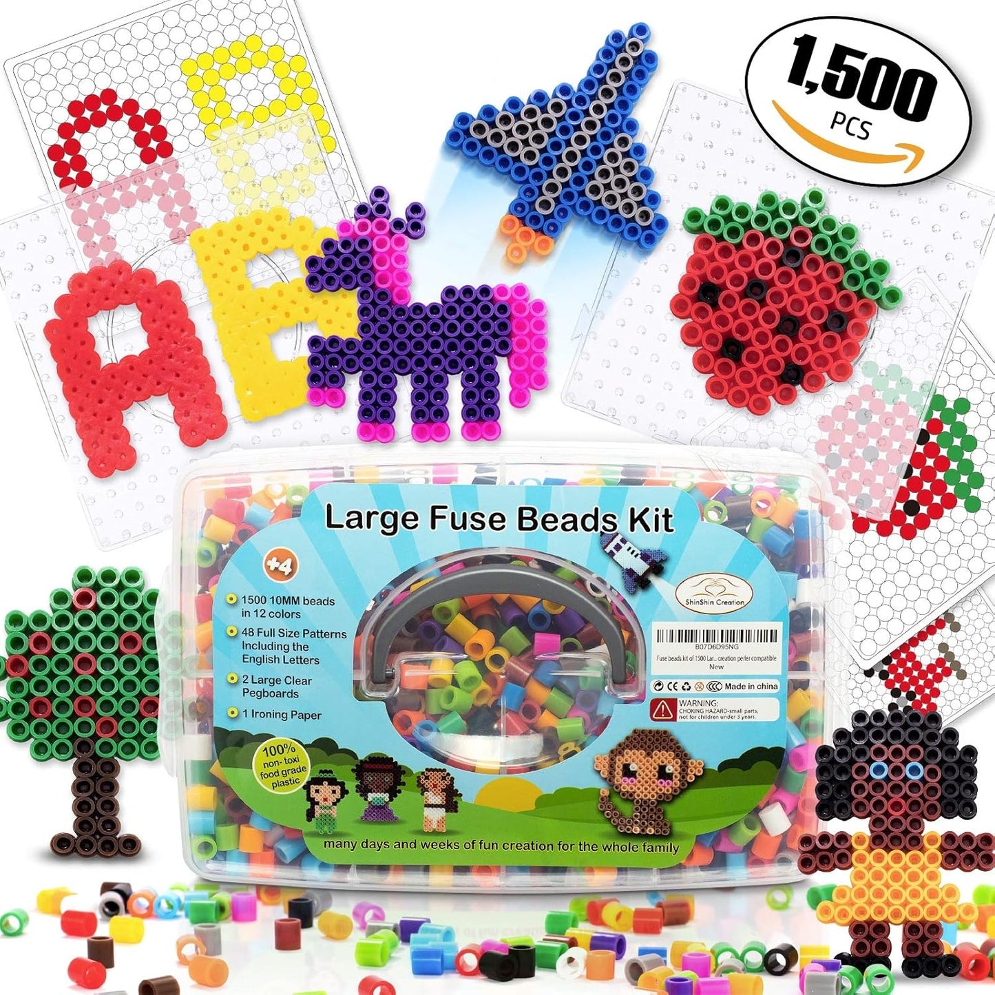 shinshin creation Fuse Beads Kit for Kids - 1500 Large 10mm Melty Iron Beads with Pegboards, 48 Patterns - Arts and Crafts for Boys and Girls Ages 4-7