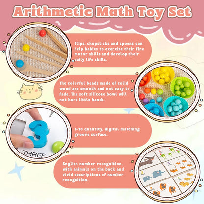 Montessori Arithmetic Math Toy Set, Montessori Arithmetic Kit, Silicone Number Learning with Beads, Number Cognitive Clip Bead Matching Gamefor Early Childhood Educational Activities (1Set)