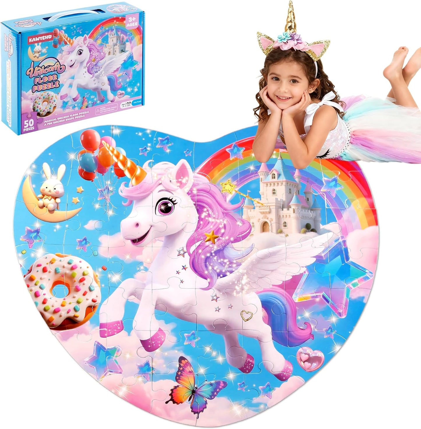 Floor Puzzles for Kids Ages 3-5, Unicorn Puzzles for Toddler Ages 4-6, 50 Pieces Jumbo Puzzles with Box, Unicorn Toys for Gifts 3-8 Years Old