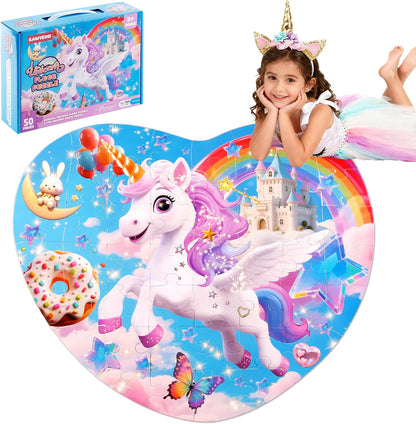 Floor Puzzles for Kids Ages 3-5, Unicorn Puzzles for Toddler Ages 4-6, 50 Pieces Jumbo Puzzles with Box, Unicorn Toys for Gifts 3-8 Years Old
