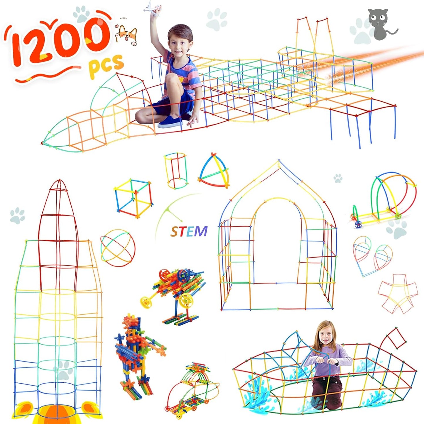 Ggiibro Straw Constructor Toys 600Pcs STEM Building Toy Interlocking Plastic Engineering Thin Tube Blocks Educational Kit for 3 4 5 6 7years Kids Boys and Girls Gift Preschool Toy with Storage Box