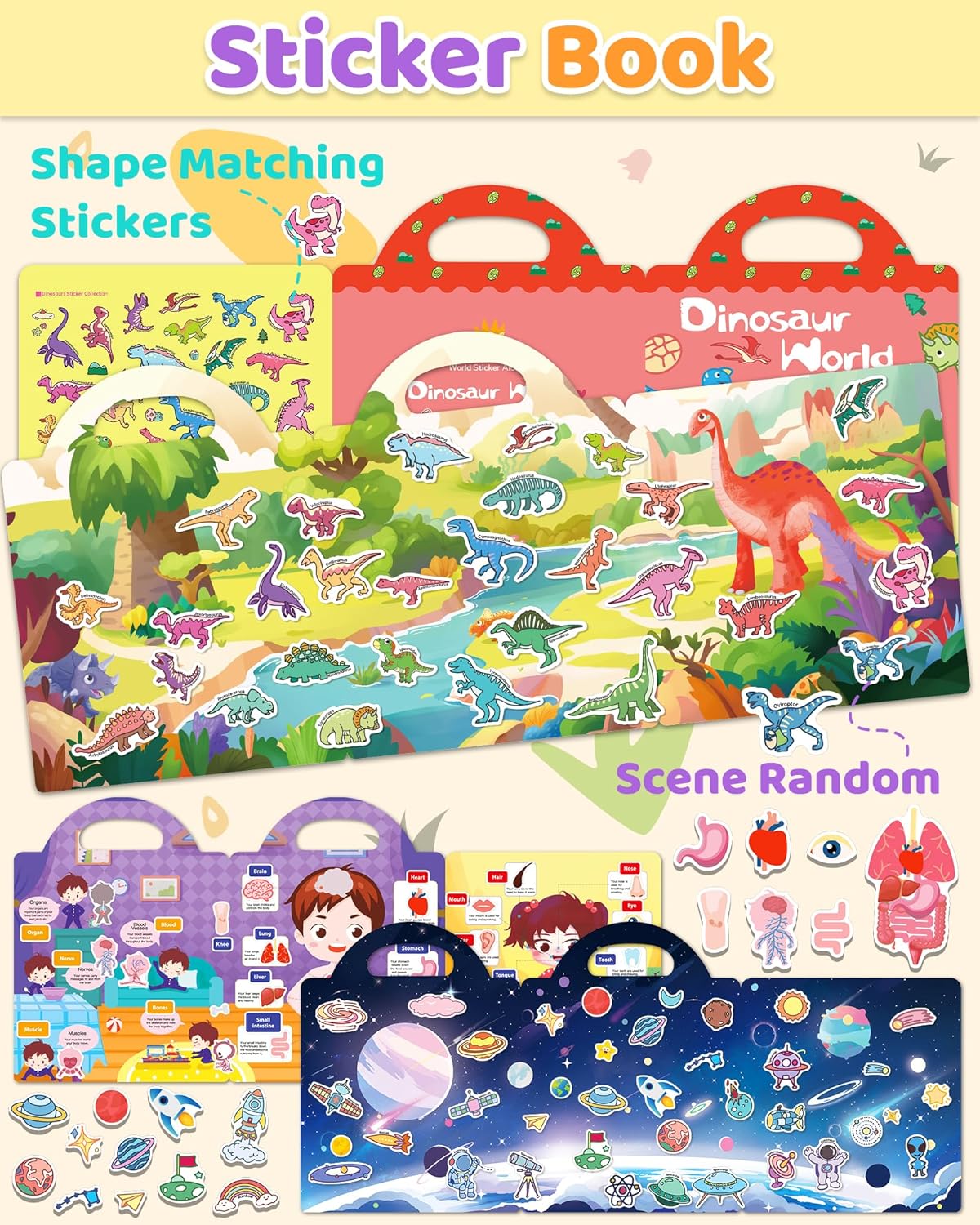 Benresive Reusable Sticker Book for Toddlers, Stickers for Kids, Travel Toys for Arts & Crafts Activities, Birthday Gift for Boys & Girls, Animals Dinosaurs Insects Themes