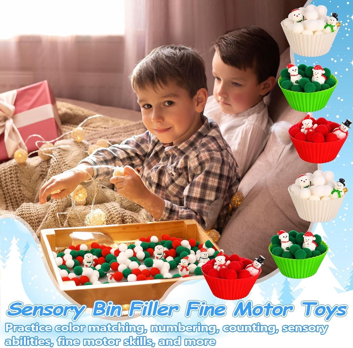 266 Pcs Christmas Sensory Bin Filler Fine Motor Toys Counting Sorting 200 Christmas Pompoms 50 Resin Mini Xmas Toys Tweezers Silicone Plates Storage Box for Winter Xmas Sorting Counting Training ﻿
