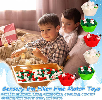 266 Pcs Christmas Sensory Bin Filler Fine Motor Toys Counting Sorting 200 Christmas Pompoms 50 Resin Mini Xmas Toys Tweezers Silicone Plates Storage Box for Winter Xmas Sorting Counting Training ﻿