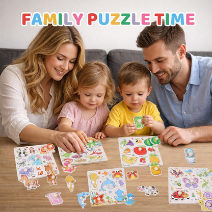 Wooden Puzzles for Toddlers 1-3, 8 Pack Peg Puzzles for Kids with Animals, Dinosaurs, Fruits, Vegetables, Educational Preschool Learning Toys, Birthday Gifts for Boys, Girls