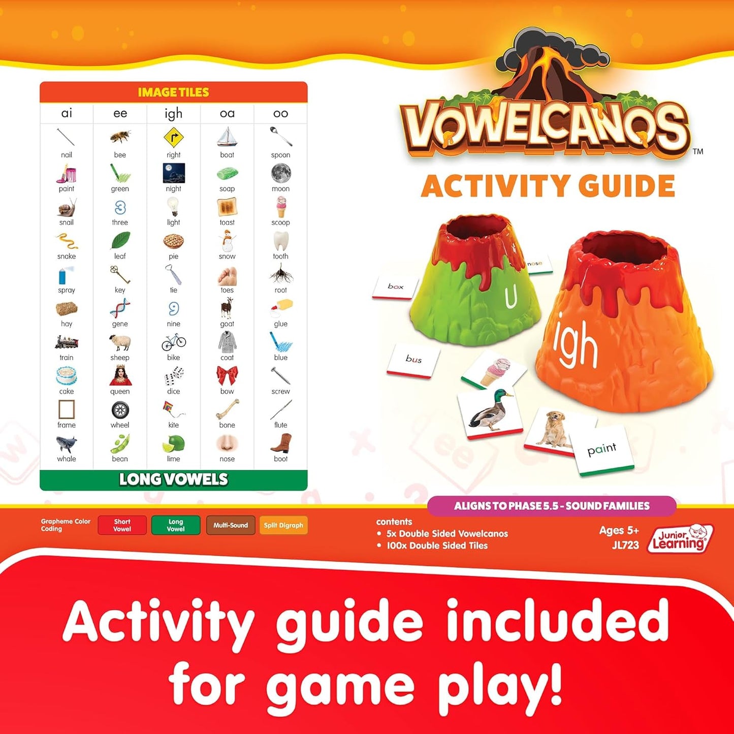 Junior Learning: Vowelcanos - Sorting & Matching Game, Learn Short & Long Vowels, Builds Phonemic Awareness, Reading Development, Kids Ages 5+