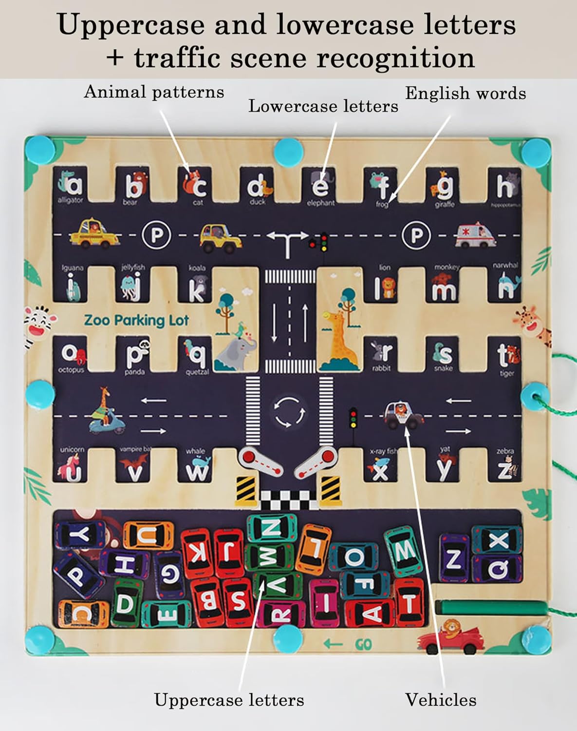 Magnetic ABC Parking Board,2025New Wooden Magnetic Alphabet Maze Letter Puzzle Board,Montessori Alphabet Parking Maze,Preschool Educational ABC Learning Fine Motor Skills Game Christmas Birthday Gift