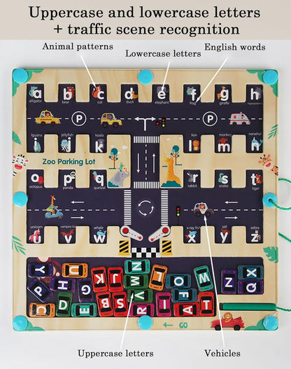 Magnetic ABC Parking Board,2025New Wooden Magnetic Alphabet Maze Letter Puzzle Board,Montessori Alphabet Parking Maze,Preschool Educational ABC Learning Fine Motor Skills Game Christmas Birthday Gift