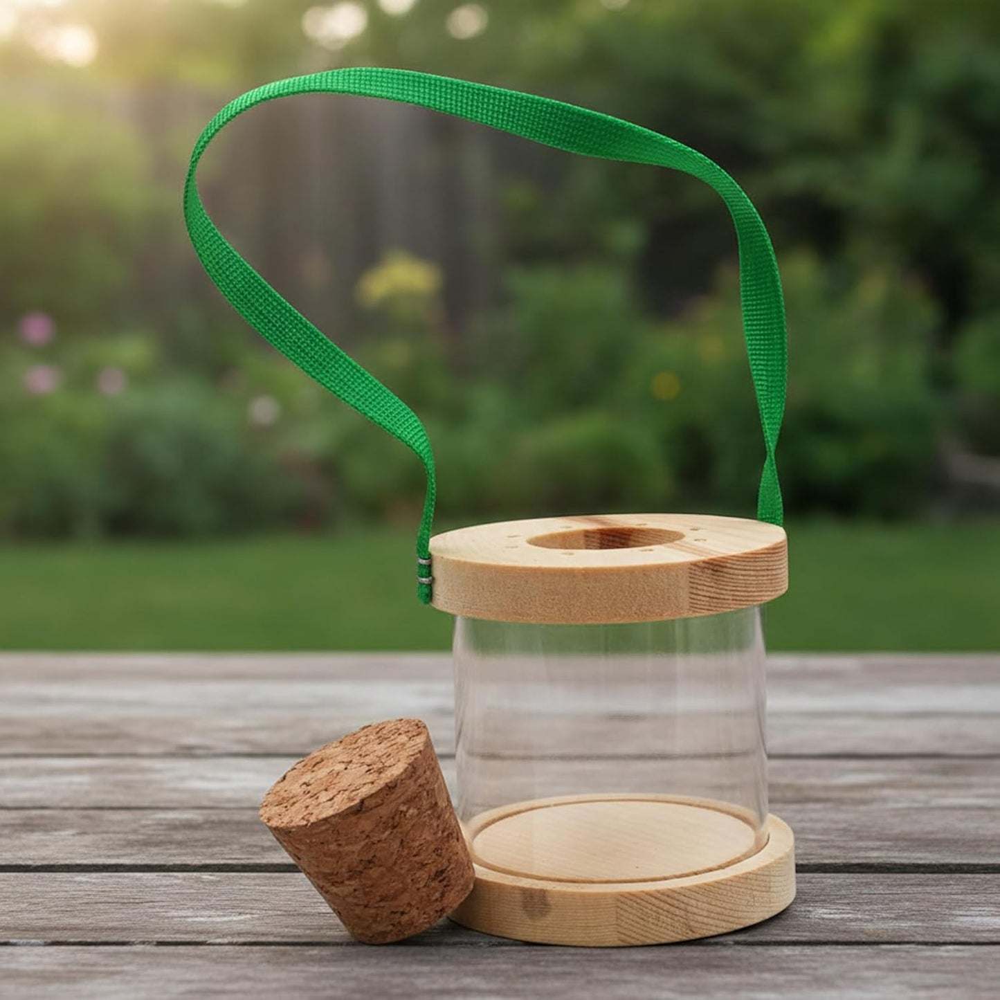 Wooden Bug Box for Kids, Dual Chamber Insect Habitat with Nylon Carrying Strap