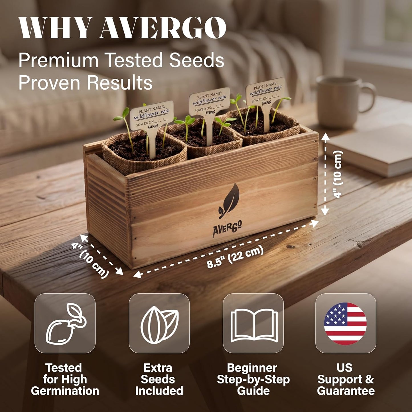 AVERGO Wildflower Seed Mix Growing Kit - Includes Perennial & Annual Wild Flowers, Burlap Planters, Soil, Wooden Box, and Gardening Tools for Indoor Garden and Patio Planting