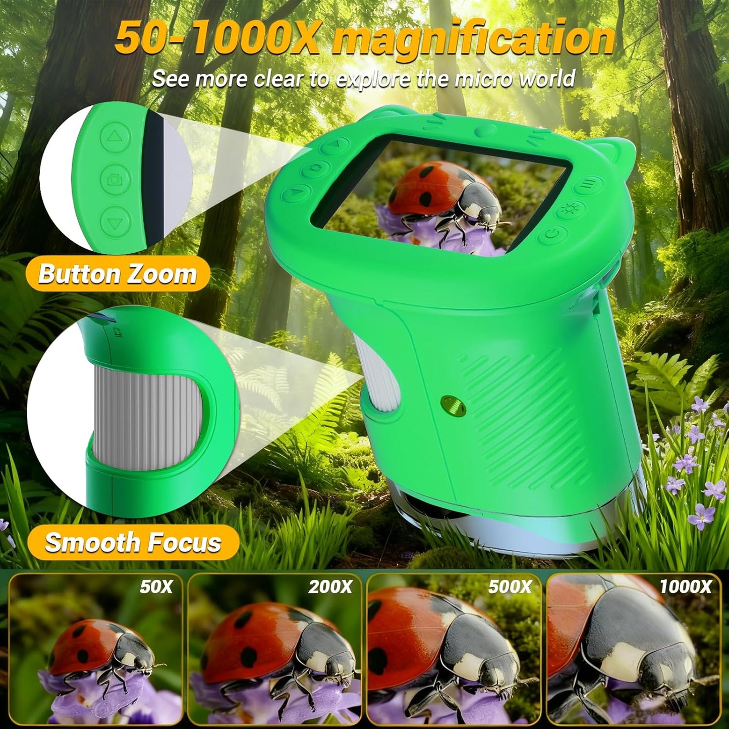 Kids Microscope: 1000X Handheld Pocket Microscope for Photo and Video Portable Science Kits STEM Toys – Christmas/Birthday Gifts for Girls & Boys Ages 3-12(Orange)