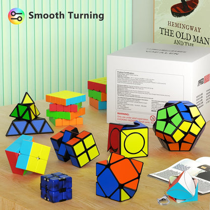 Vdealen Speed Cube Set, 7 Pack Puzzle Cube Bundle Fidget Ball 2x2 3x3 4x4 Pyramid Dodecahedron Rainbow Snake Magic Cube, Smooth Cube Game Toys Gift for Kids & Adults