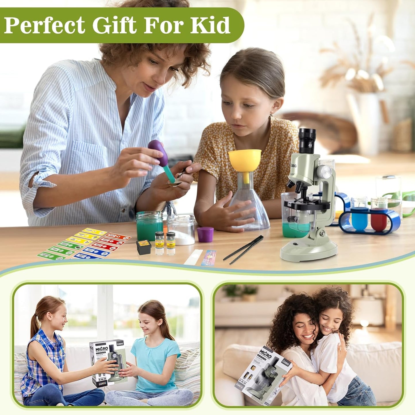 Kids Microscope Kit with LED Light - 100X/400X/1200X Magnification for STEM Learning, 12 Prepared Slides, Easy-to-Use Science Learning Kit (Ages 5-12) - Yellow