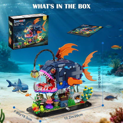 INSOON Mechanical Angler Fish Building Set with Lights, Movable Lantern Fish Building Blocks Toy with Shark Jellyfish, 1139 PCS Ocean Animal Building Kit, Home Decor Gift for Adults Teens Boys 12+