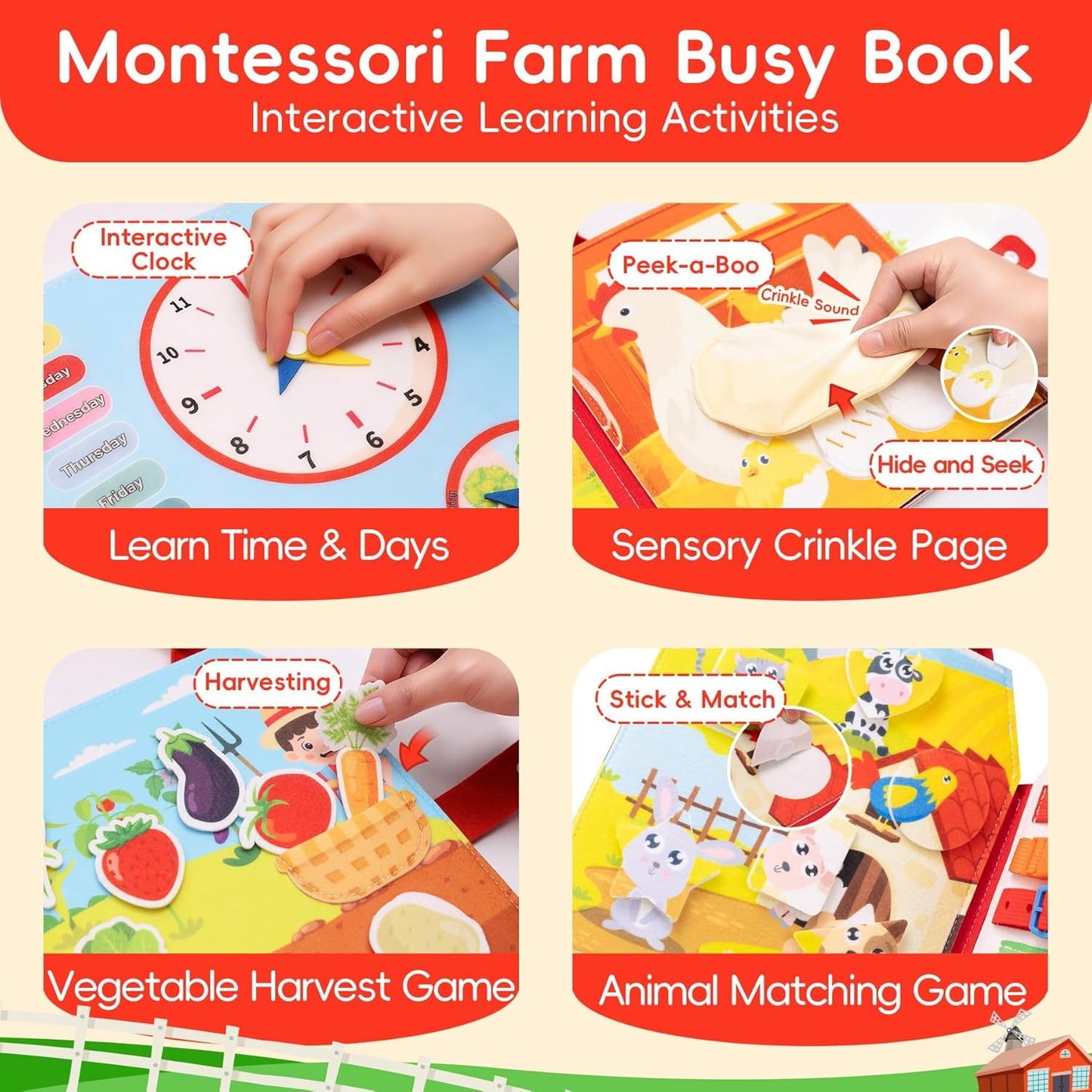Busy Book for Toddlers - Montessori Sensory Toys for Boys & Girls Preschool Learning, 8-Page Felt Quiet Activity Board for Fine Motor Skills, Travel Toys for Airplane Car Games (Farm Animals)
