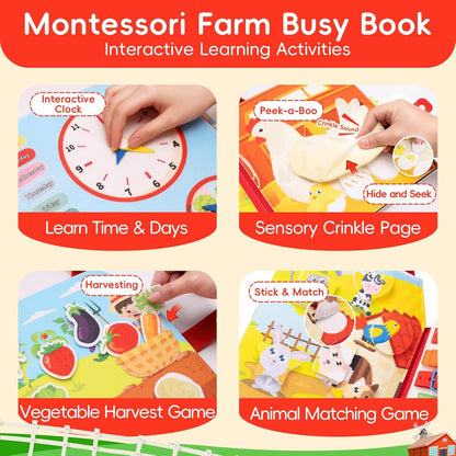 Busy Book for Toddlers - Montessori Sensory Toys for Boys & Girls Preschool Learning, 8-Page Felt Quiet Activity Board for Fine Motor Skills, Travel Toys for Airplane Car Games (Farm Animals)