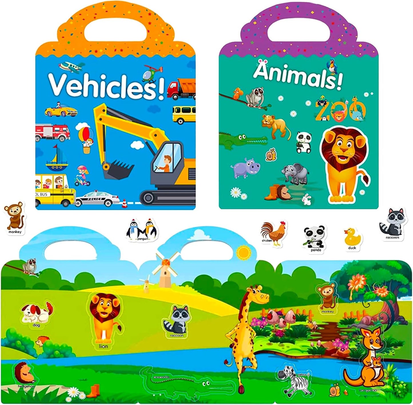 RUSON Reusable Sticker Book for Kids, 2 Sets Educational Learning Toys Travel Stickers Activity Books for Toddler Girls Boys Age 3+ Birthday Gifts - Vehicle & Dinosaur