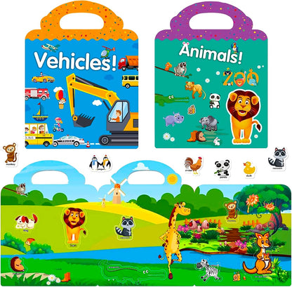 RUSON Reusable Sticker Book for Kids, 2 Sets Educational Learning Toys Travel Stickers Activity Books for Toddler Girls Boys Age 3+ Birthday Gifts - Vehicle & Dinosaur