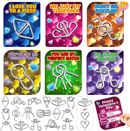 AuroTops 24 Pack Valentine Cards for Kids with Metal Brain Teaser Puzzles,Kids Valentines Day Gifts for School,Valentines Day Party Favors,Classroom Exchange Gift,Fidget Toys Bulk,Classroom Prizes