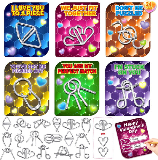 AuroTops 24 Pack Valentine Cards for Kids with Metal Brain Teaser Puzzles,Kids Valentines Day Gifts for School,Valentines Day Party Favors,Classroom Exchange Gift,Fidget Toys Bulk,Classroom Prizes