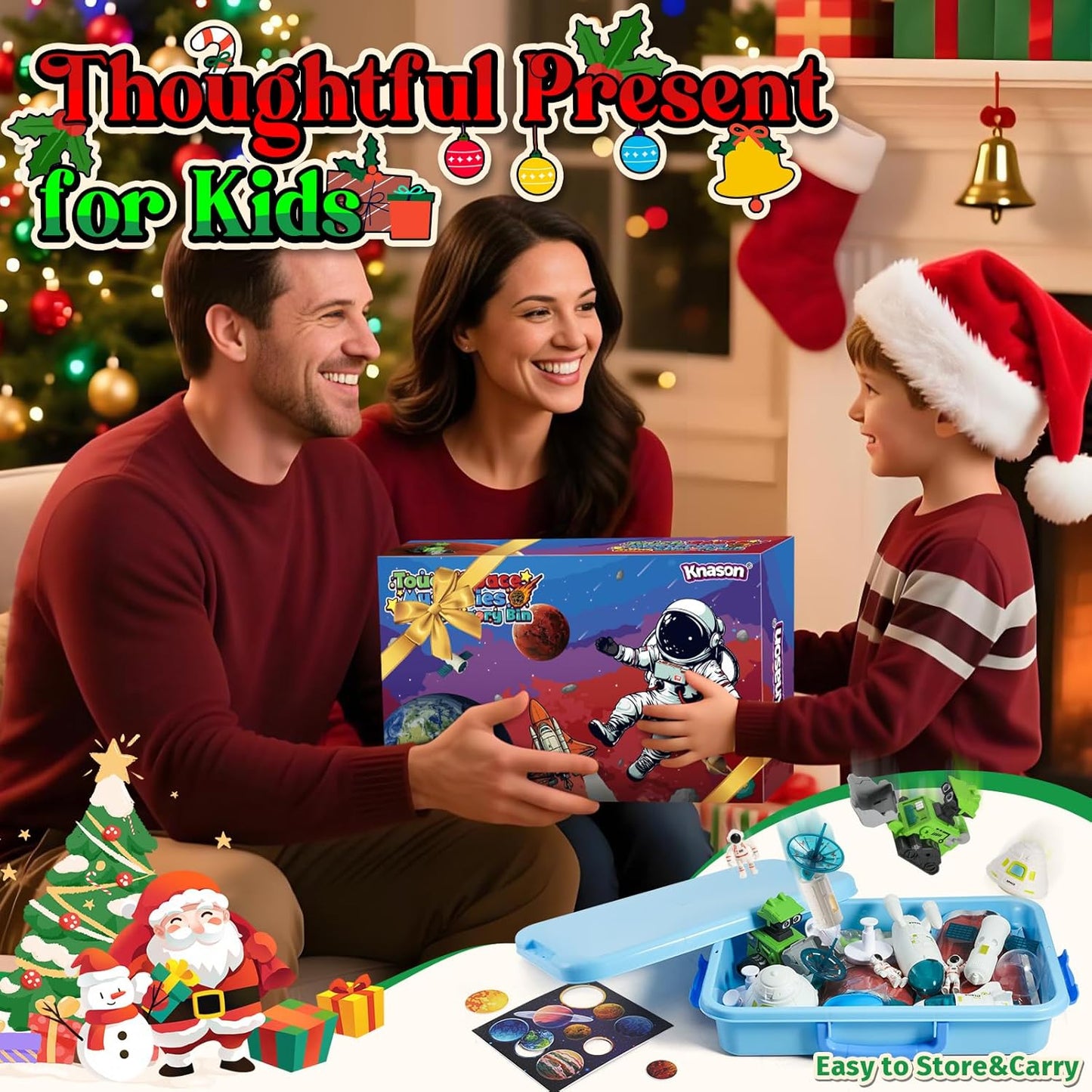 KNASON Outer Space Sensory Bin,Play Sand Kit for Boys with 2.2lbs Sand,Glow in The Dark Alien and Gems,Space Science Kits Sandbox Toys Preschool Toddler Activities Christmas Gift for Kids Ages 3-8