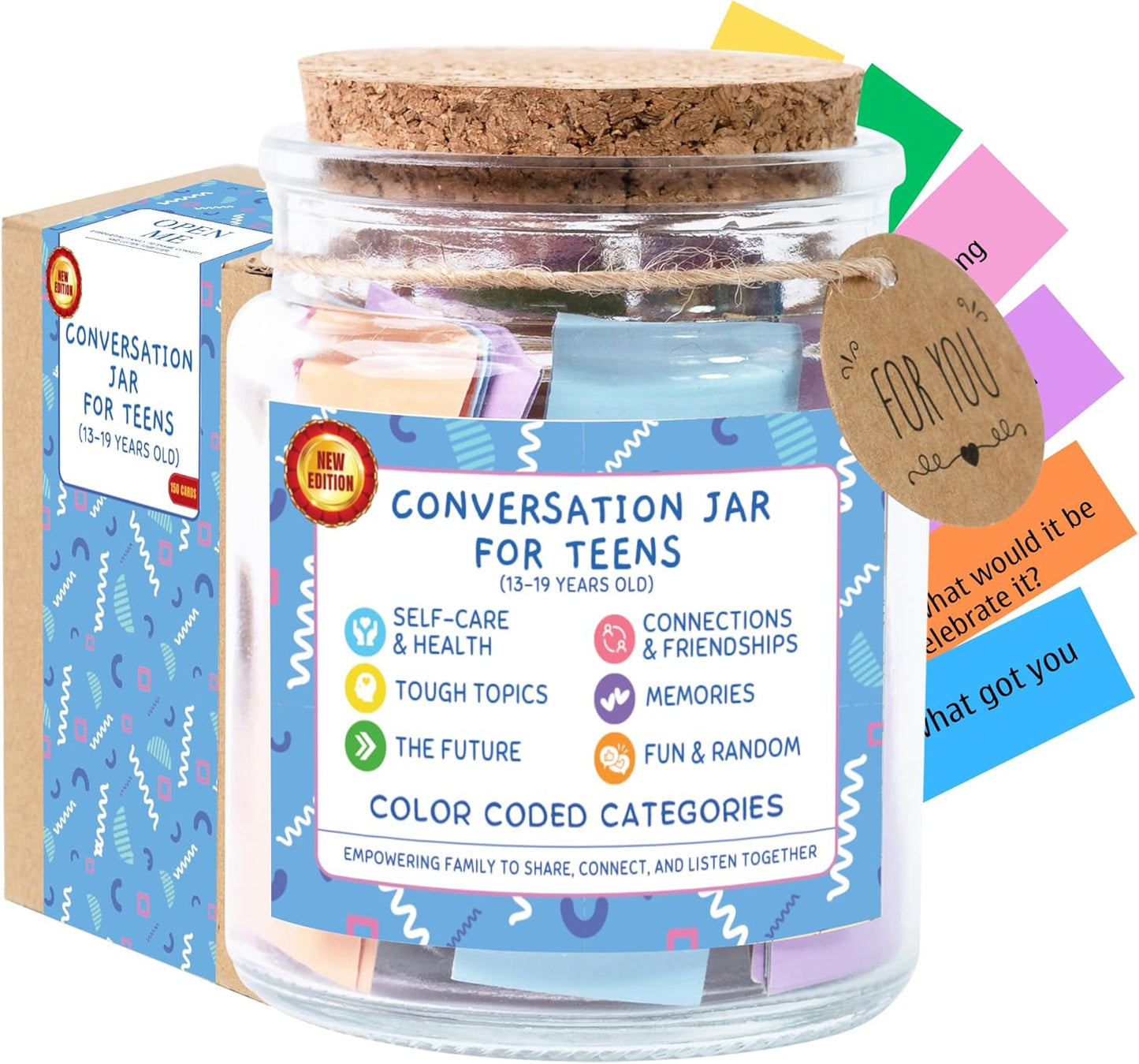 Conversation Cards for Kids In Jar, 150 Cards, Connect, Build Social Emotional Learning Skills, Mental Health Decor for School, Counseling Decor, Back to School Supplies