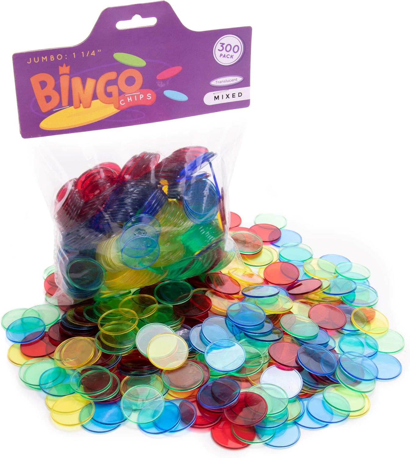 RBS Pack of 300 Jumbo Mixed Color Translucent Bingo Chips - 1.25 Inches in Diameter!
