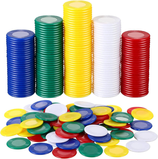 Skylety 1000 Pieces Plastic Poker Chips Bulk 5 Colors Counter Card for Kids Game Playing Learning Math Counting Bingo Game Blank Chips Card for Kids Reward, 0.86 Inch
