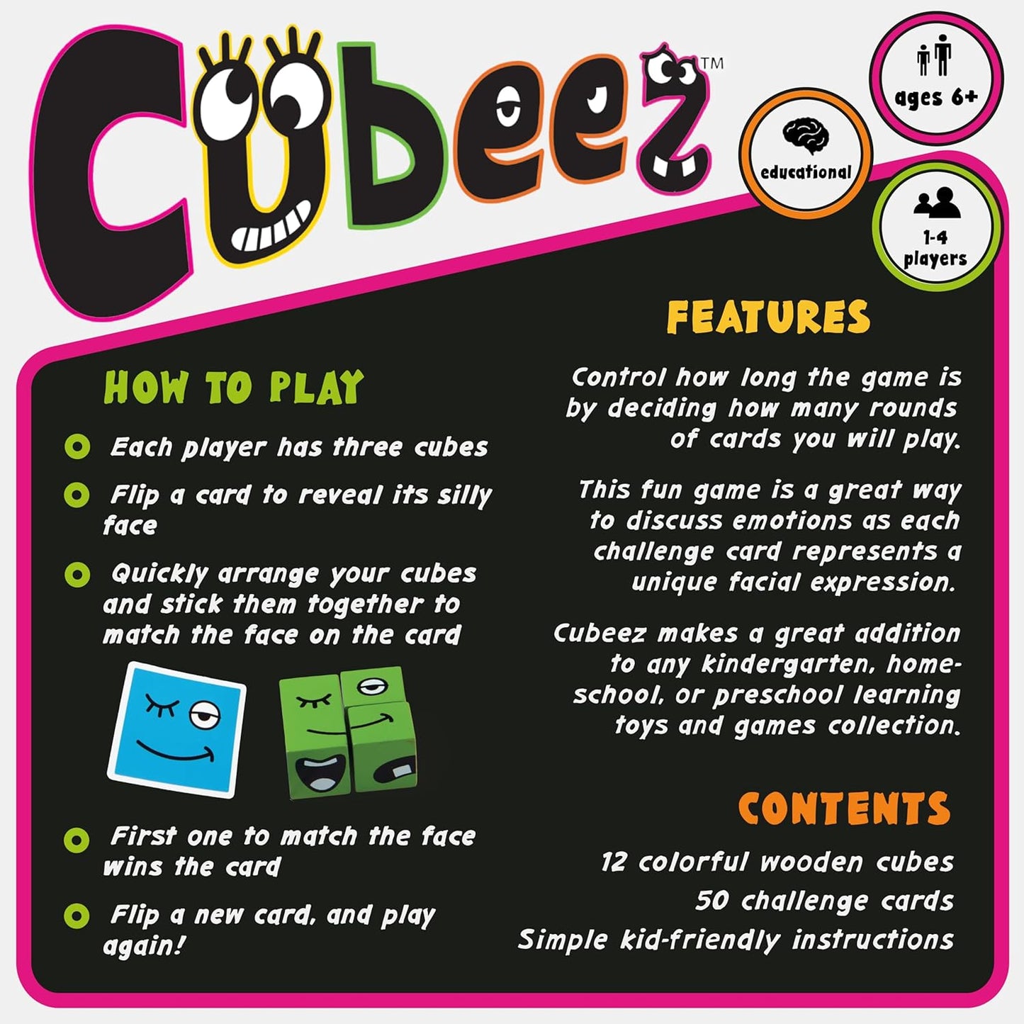 Blue Orange Cubeez Original Matching Face Changing Expression Puzzle Race with Wooden Cubes Games, 1 to 4 Players, Ages 6+
