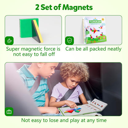 Helsort Travel Tangram Puzzle - Magnetic Puzzle Book for Road Trips, STEM Jigsaw Game with 2 Tangram Sets, Patterns Solutions - Brain Teaser IQ Toy for Kids and Adults, Ideal Educational Gift (368)